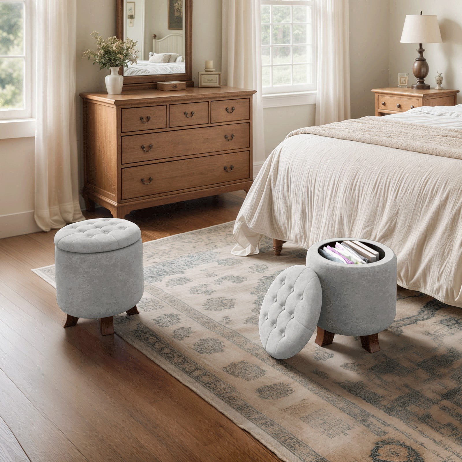 Magshion Storage Ottoman with Padded Seat, Modern Cotton-linen Footrest, Round Seat stool for Living Room Bedroom , Light Gray