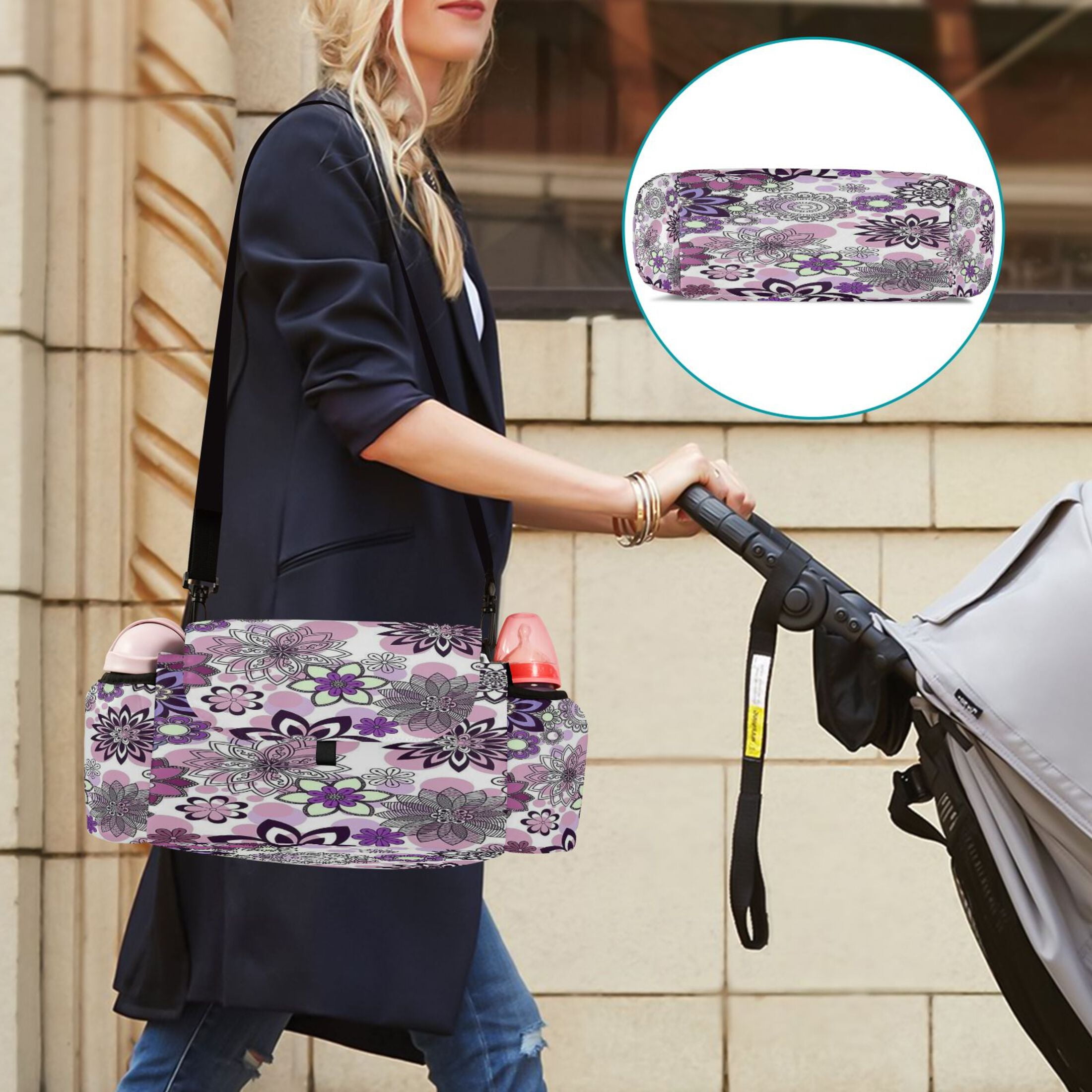 DIXRUYEE Stroller Organizer Circular Garden Of Flowers Printed