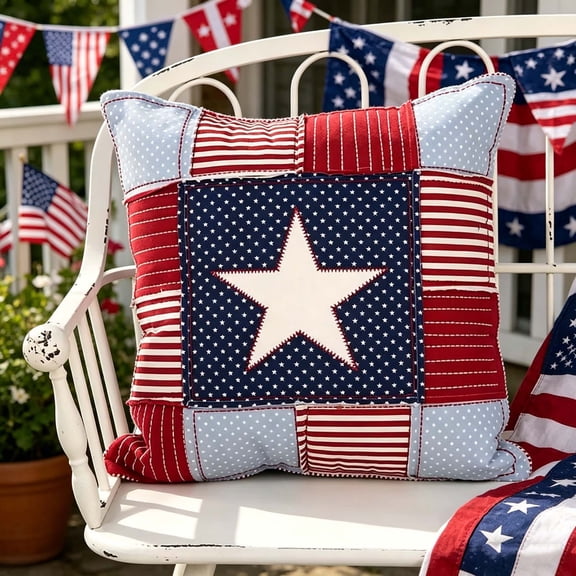 Gallickan 4th of July Patriotic Star Throw Pillow, 20x20 Inch, Red White Blue Flag Patchwork, Decorative Cushion for Sofa Couch