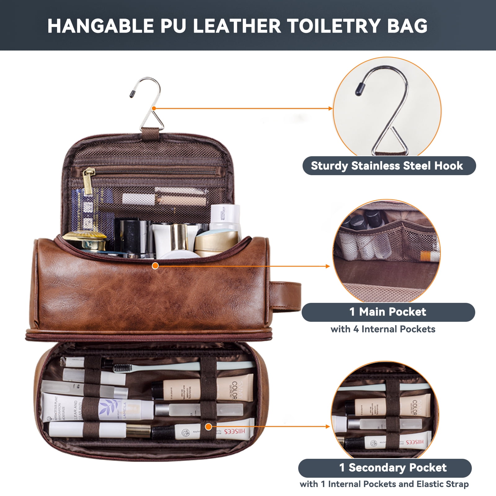 Toiletry Bag for Men, Large Leather Travel Pouch Bag with Hanging hook,Travel Essentials Dopp kit, Men's Shaving Grooming Kit,Gifts for Father, Dad, Boyfriend, Grandpa, Shaving Kit