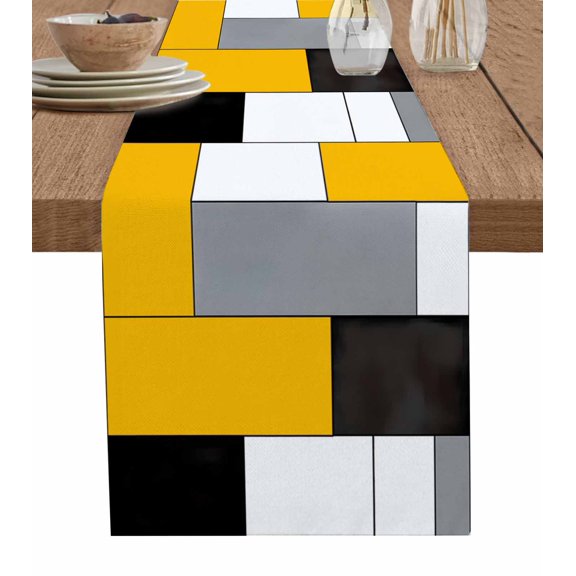 Table Runner 120 Inches Long for Kitchen Dining, Yellow Grey Geometric Dresser Scarf Farmhouse, Dining Table Decorations for Wedding/Parties, Modern Black White Abstract Art 13 x 120 In