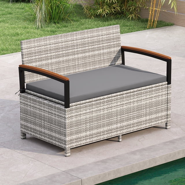 Gymax Outdoor Storage Bench w/Cushion Backrest & Acacia Wood Armrests Hidden Storage