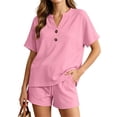 thumbnail image 2 of ZyeKqe Womens Summer Sets Button V Neck Short Sleeve Shirts Drawstring Elastic Waist Shorts Casual 2 Piece Workout Sets, 2 of 7