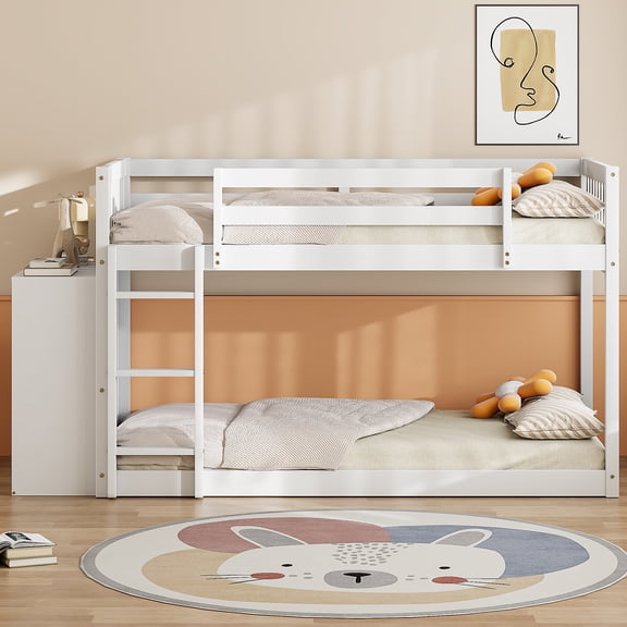 Twin over Twin Bunk Bed with 4 Drawers & 3 Shelves, Solid Pine Construction, Ladder Installs on Either Side, Full-Length Guardrails, No Box Spring Needed, White