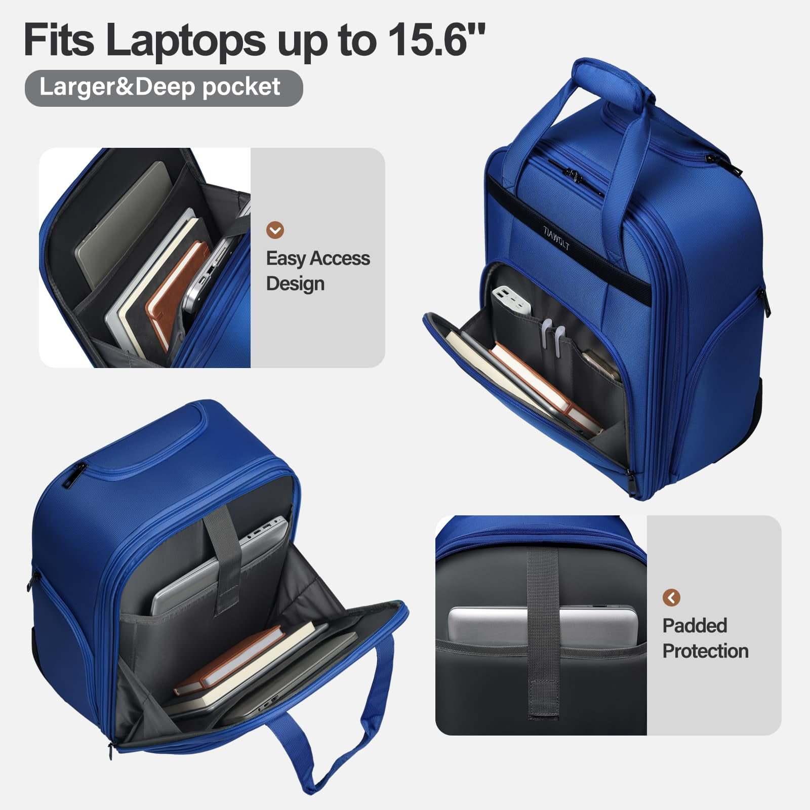 TIAWOLT Weekender Overnight 16-Inch Underseat Carry-on Luggage With Wheels Soft Sided Lightweight Small mini Suitcase Bag with 15.6"Laptop Compartment for Women and Men,Blue