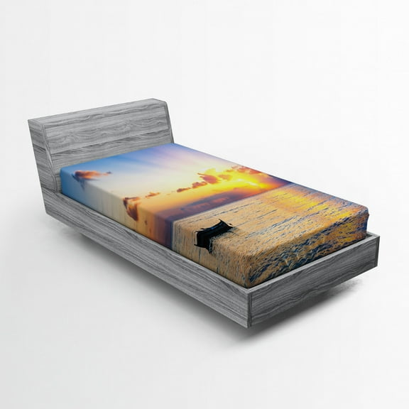 Ambesonne Ocean Fitted Sheet, Rising Sun Sea Maldives, Twin XL Size, Blue Coral Yellow