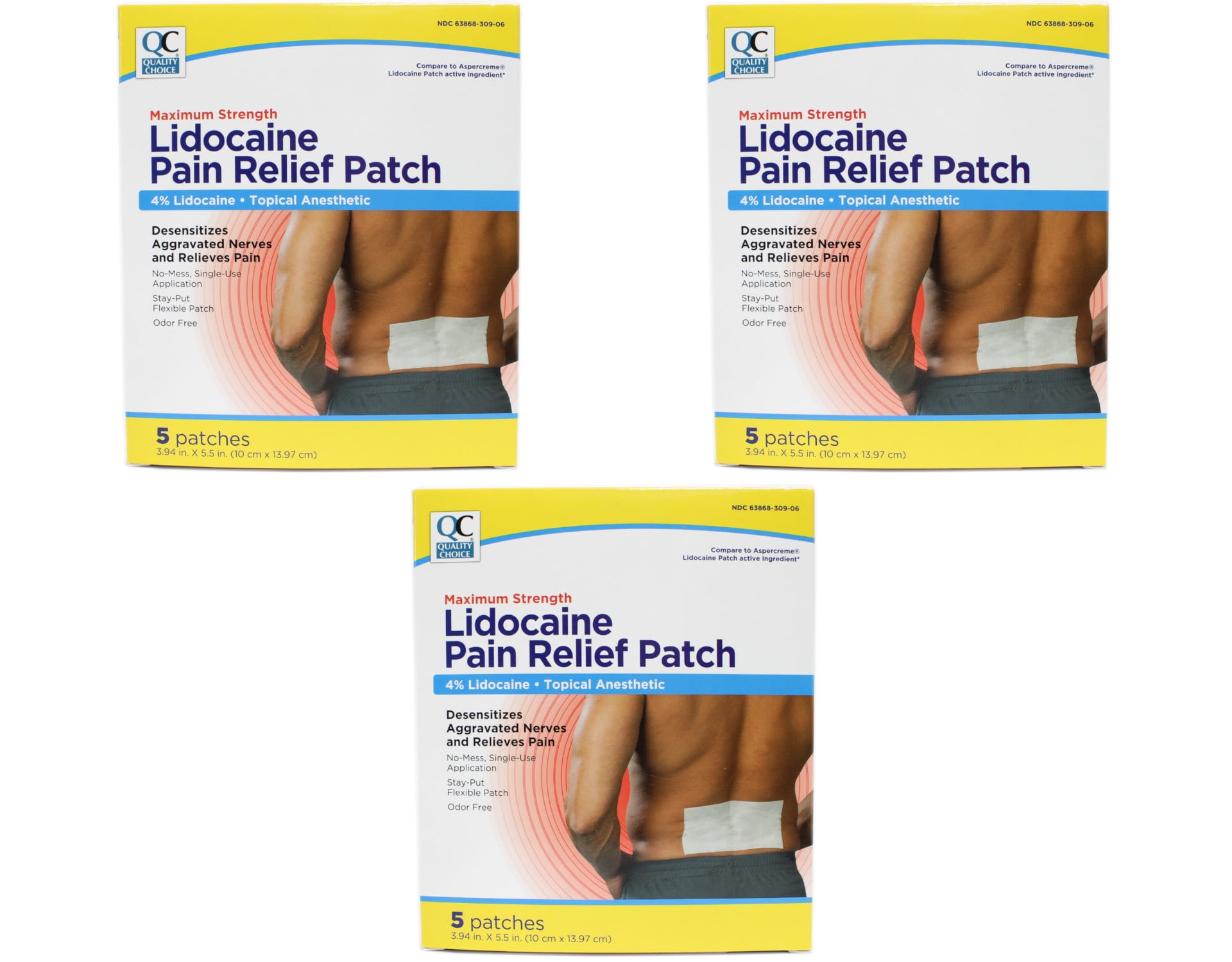 Quality Choice Maximum Strength Lidocaine Pain Relief Patch 4% Lidocaine 5 Patches 3.94x5.5 inches Pack of 3
