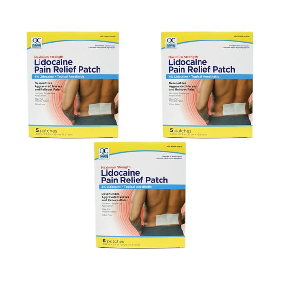 Quality Choice Maximum Strength Lidocaine Pain Relief Patch 4% Lidocaine 5 Patches 3.94x5.5 inches Pack of 3