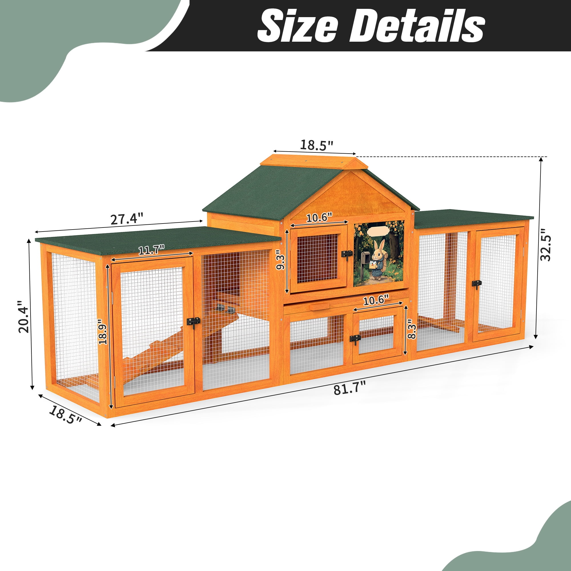 Pefilos 83" Large Rabbit Hutch Indoor and Outdoor Wood Bunny Cage with A Tray and Runs for Small Animals, Chicken Coops Nesting Box, Orange