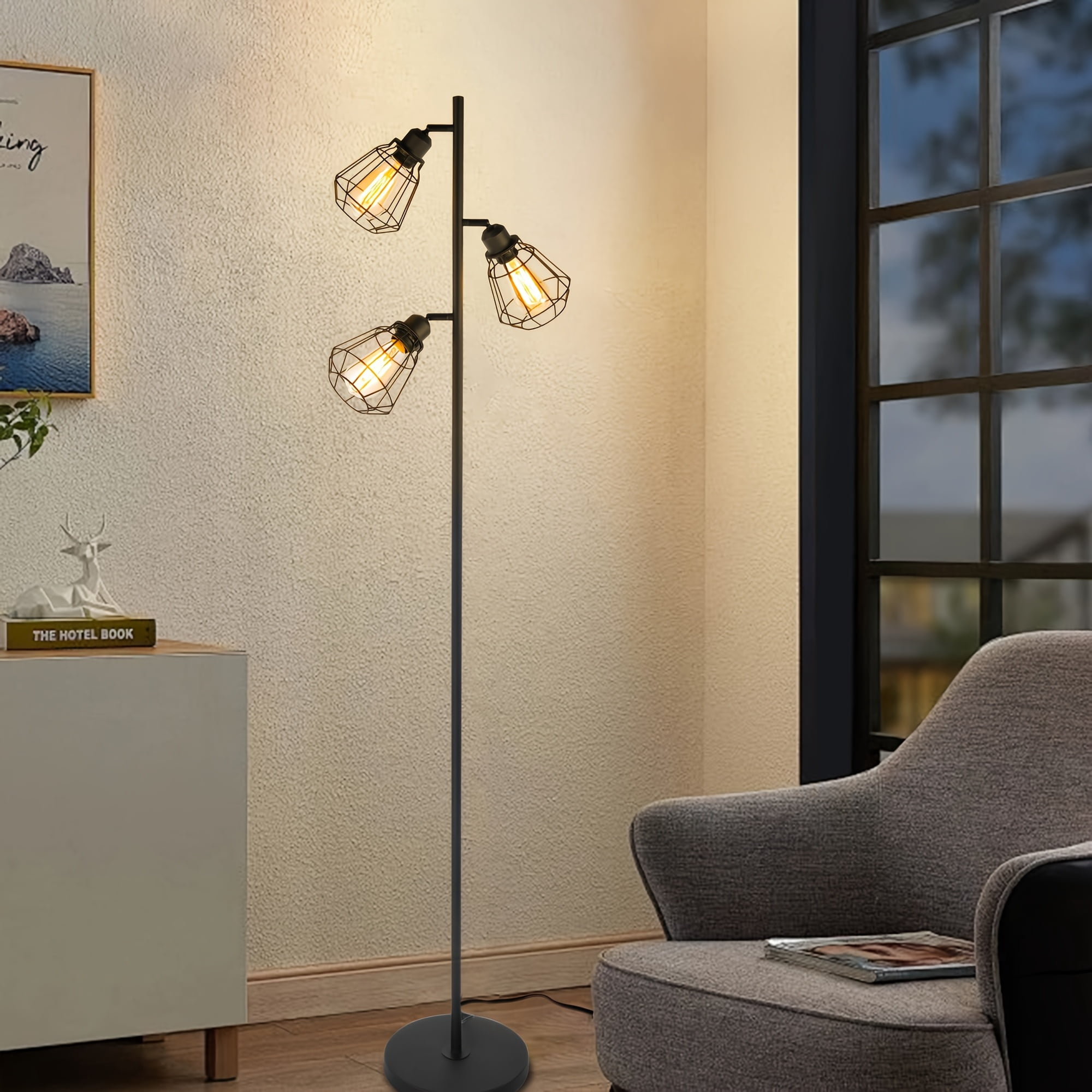 Tree Floor Lamp for Living Room with 3 Elegant Teardrop Heads And ST64 Edison Bulbs, Sturdy Base, Tall Vintage Pole Lamp for Cottage Rustic Bedroom Office
