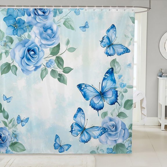 Blue Butterfly Shower Curtain Blue Rose Floral Fabric Bathroom Curtain with Hooks 71x71 inches