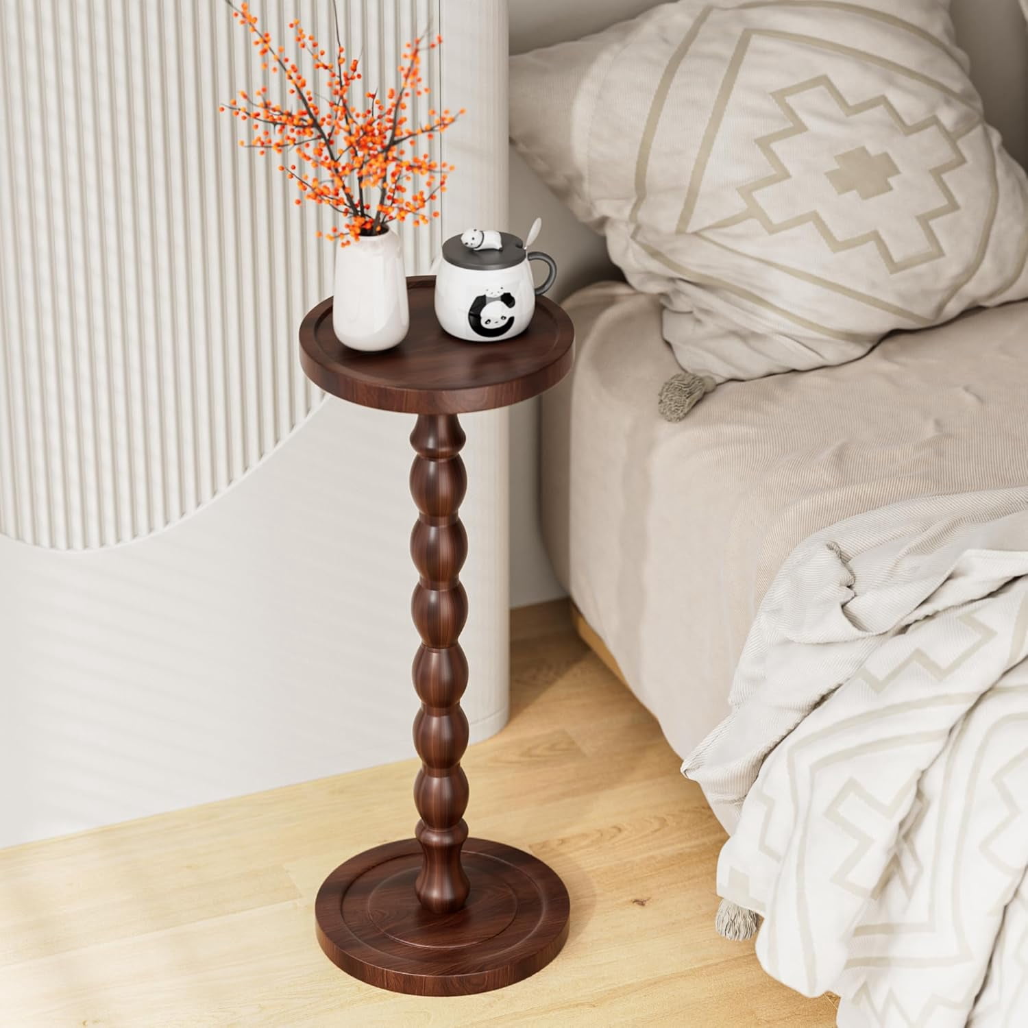 Finew Solid Wood Drink Table, Rubber Wood‌ Small Round Side Table for Small Spaces, Martini Tables, Pedestal End Tables for Living Room, Bedroom, Corners, and Office (Dark Walnut, 9.4 inch)