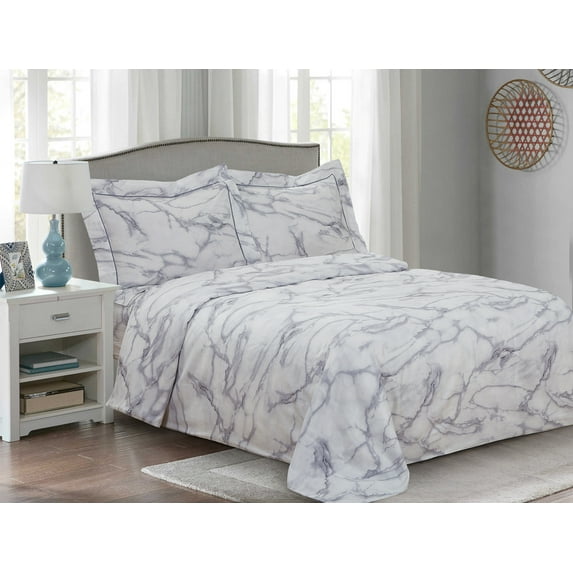 Violet Linen French Marble Pattern, Luxury Ultra Soft 200 Thread Count Cotton Percale, White, Twin 48-inch, 6 Piece Duvet Set, Bedding Duvet Cover Set for Two Beds