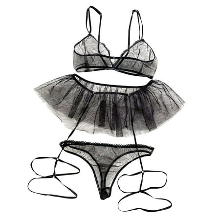 

DNDKILG Womens Sexy Mesh Bra and Panty Sets Lace Babydoll Lingerie Set Teddy Lingerie with Garter Black L