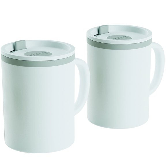 Copco Iconic 16oz Double Wall Insulated Desk Mug with Lid & Handle, Set of 2, BPA-Free Reusable Plastic, Spill-Proof, Microwave & Dishwasher Safe, Wide Mouth, Cup Holder Friendly (Grey)