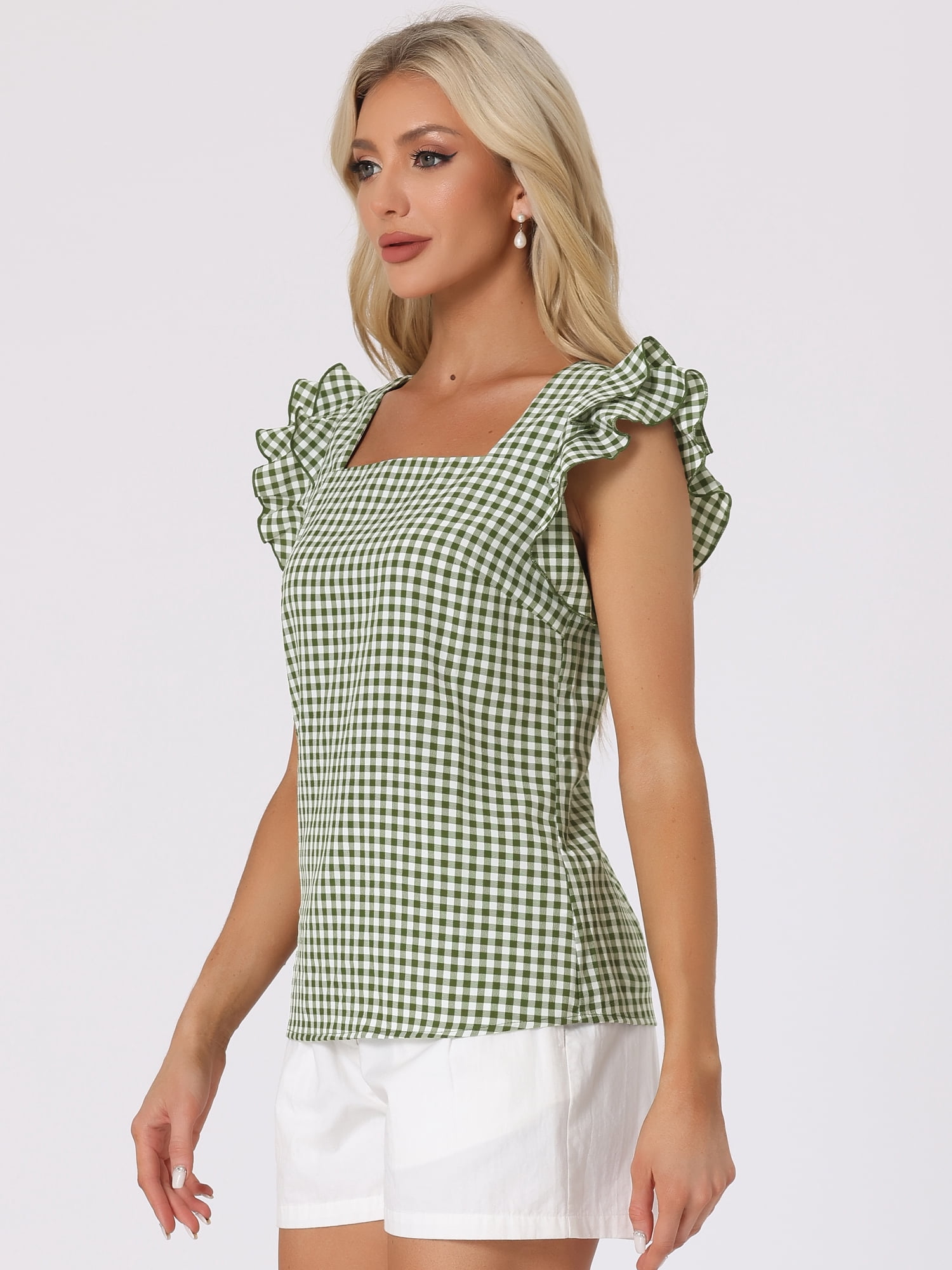 DARING DIVA Square Neck Ruffle Sleeve Blouse S Dark Green