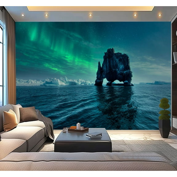 Peel and Stick Wallpaper Hvitserkur landscape night beautiful Northern Lights Iceland Modern Art Wall Mural Decor Self Adhesive and Removable 100in x 144in