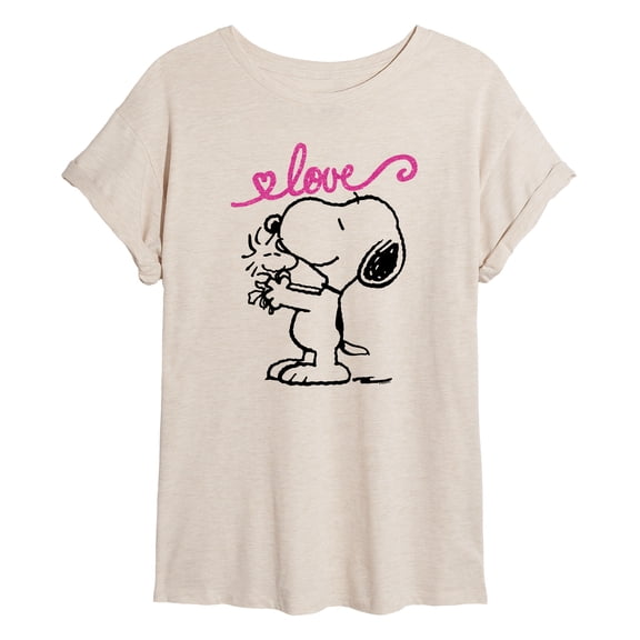 Peanuts - Love Snoopy and Woodstock - Juniors Oversized Graphic T-Shirt