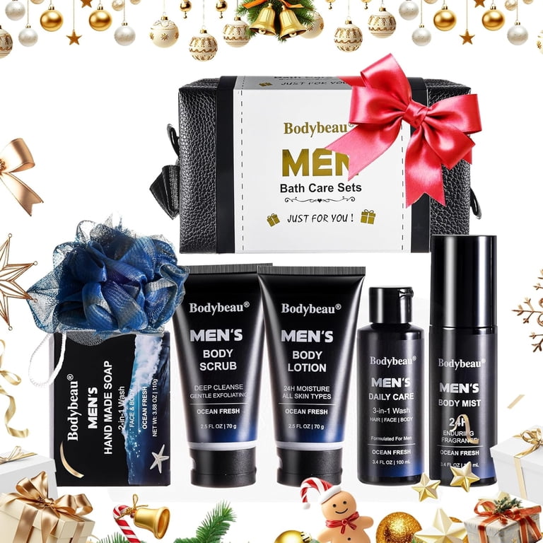 Men's Bath and Body Spa Gift Set - 7-Piece Kit with 3-in-1 Shower Gel, 2-in-1 Handmade Soap & Travel Bag