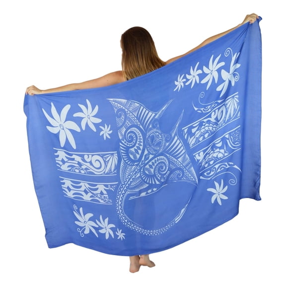 Island Style Women's Pareo Sarong Cover-up- Hawaiian Manta Ray Pattern, Blue
