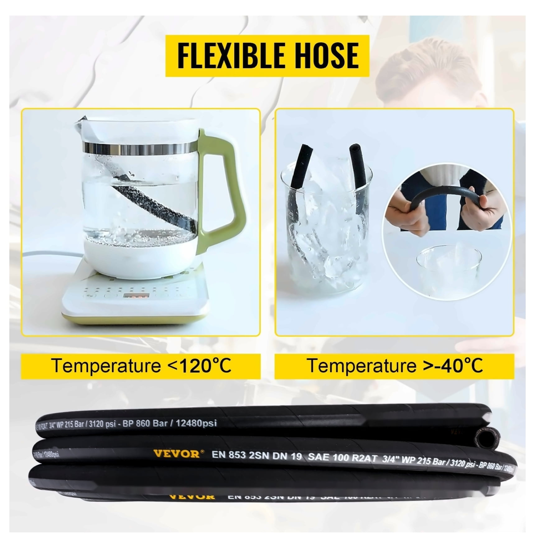 1/4 inch Hydraulic Hose 100 ft, 5800 PSI Rubber Hose with Steel Wire Braid, Flexible Hydraulic Oil Hose for Construction Agriculture Machinery