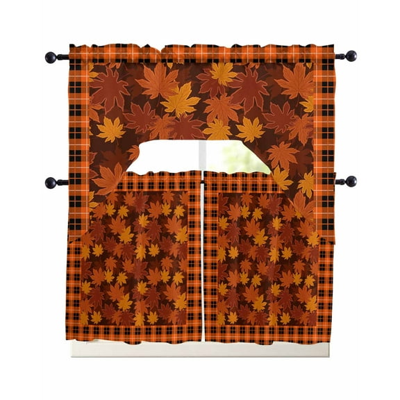 Orange Maple Leaves Fall Kitchen Curtains Sets 36 Inch Length with Valance, Thanksgiving Orange Buffalo Plaid Swag Valances and Tiers Curtain Set Drapes Swag Curtains for Living Room, Bathroom