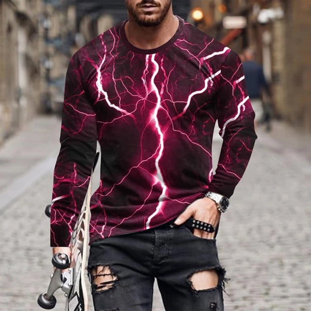 Blusas y camisas de manga larga con cuello redondo para hombre Camisa con estampado de luces Cuello redondo Manga larga Jersey Camiseta estampada Blusa para hombre Blusa