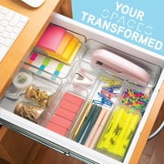 Eight Piecs. Plastic Clear Drawer Organizers for Bathroom, Kitchen, Bedroom, Office Organizer Bins, Storage Trays. Heavy Duty, Stackable 4 Sizes