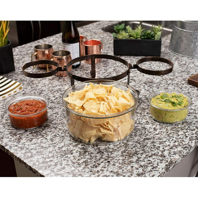 Birdrock Home Chip and Dip Serving Bowl Set - Triple Glass Bowls with Metal Frame - Salsa Appetizer Party Serveware - Veggie, Shrimp, Guacamole, Chips