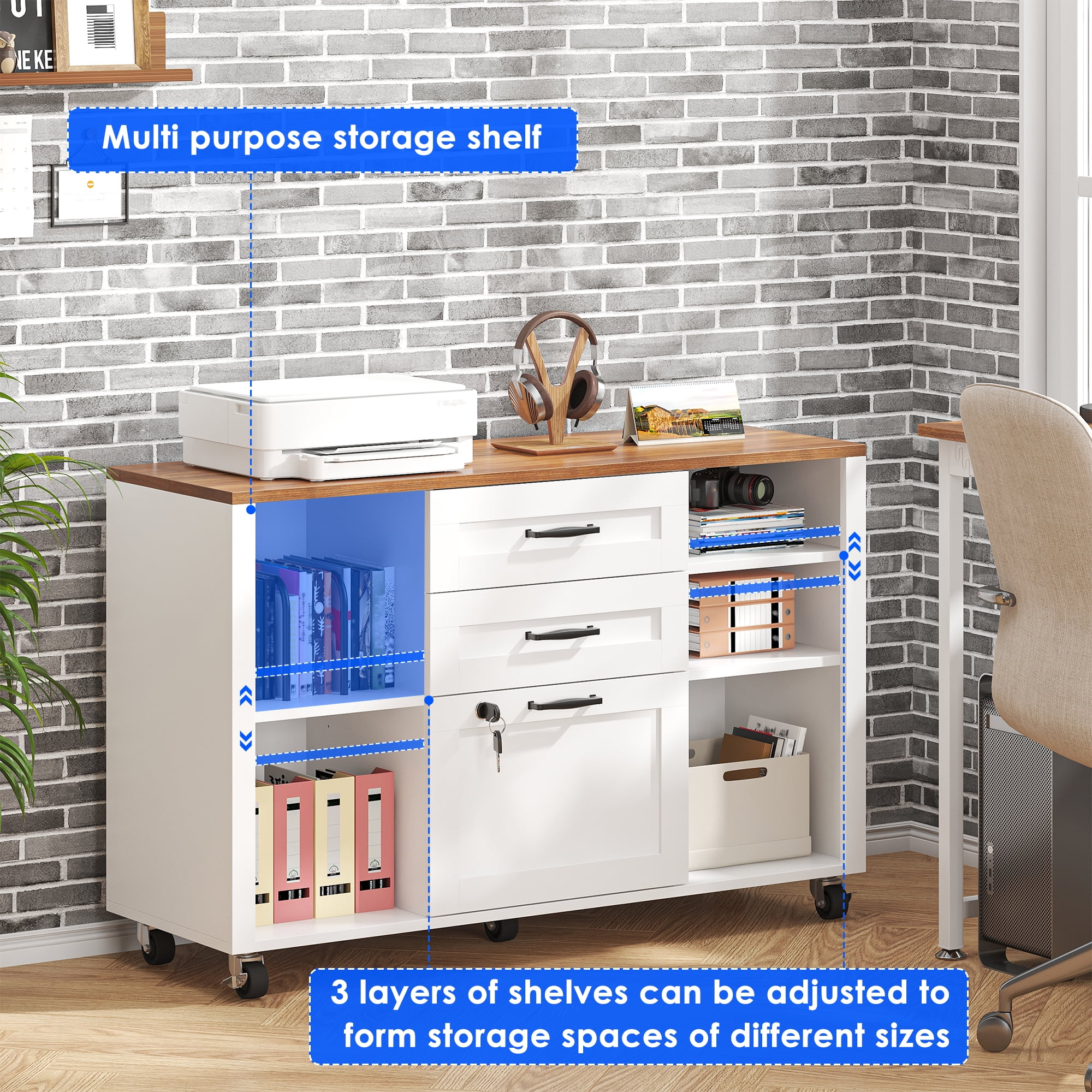 Modfurne 3 Drawer Wood Mobile Large lateral File Cabinet, Lockable Rolling Filing Cabinet, Printer Stand Home Office Storage Fits Files Legal/A4 (White)