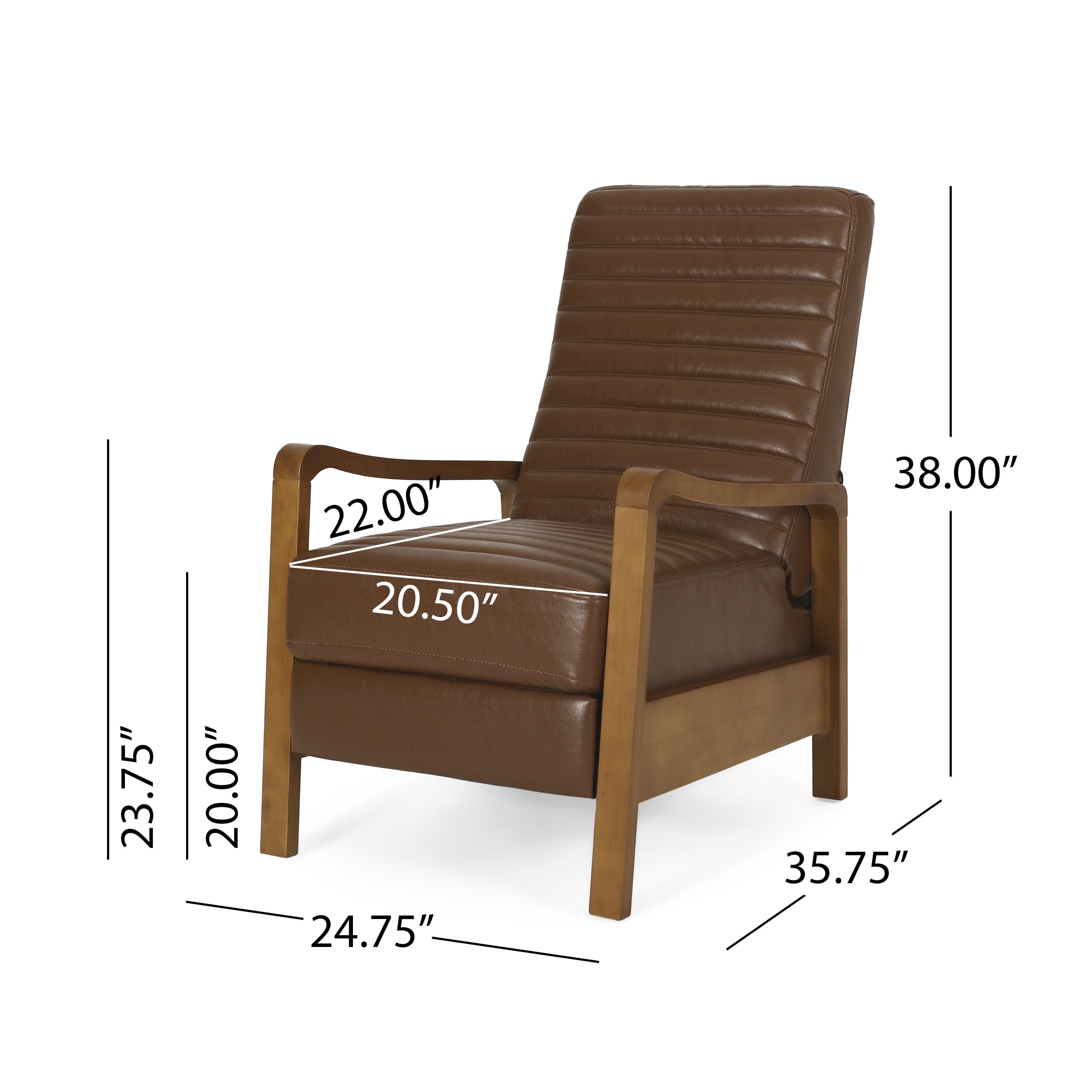 Noble House Judith Upholstered Channel Stitch Pushback Recliner, Cognac Brown and Teak