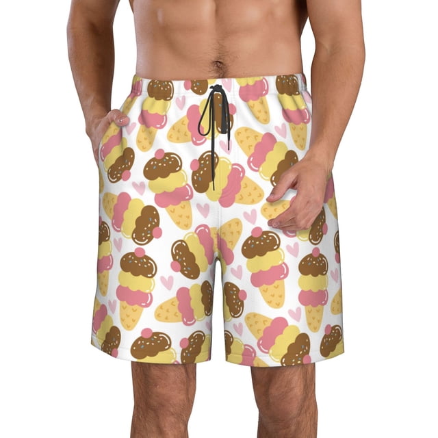 Balery Cute Ice Cream Traje de Baño Estilo Hawaiano para Hombre, Shorts de Secado Rápido con Bolsillos-X-Large