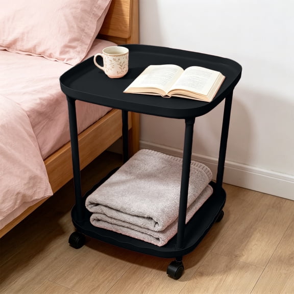 Rolling Side Table with Wheels Narrow End Table Storage Shelf for Bedroom Living Room Small Spaces