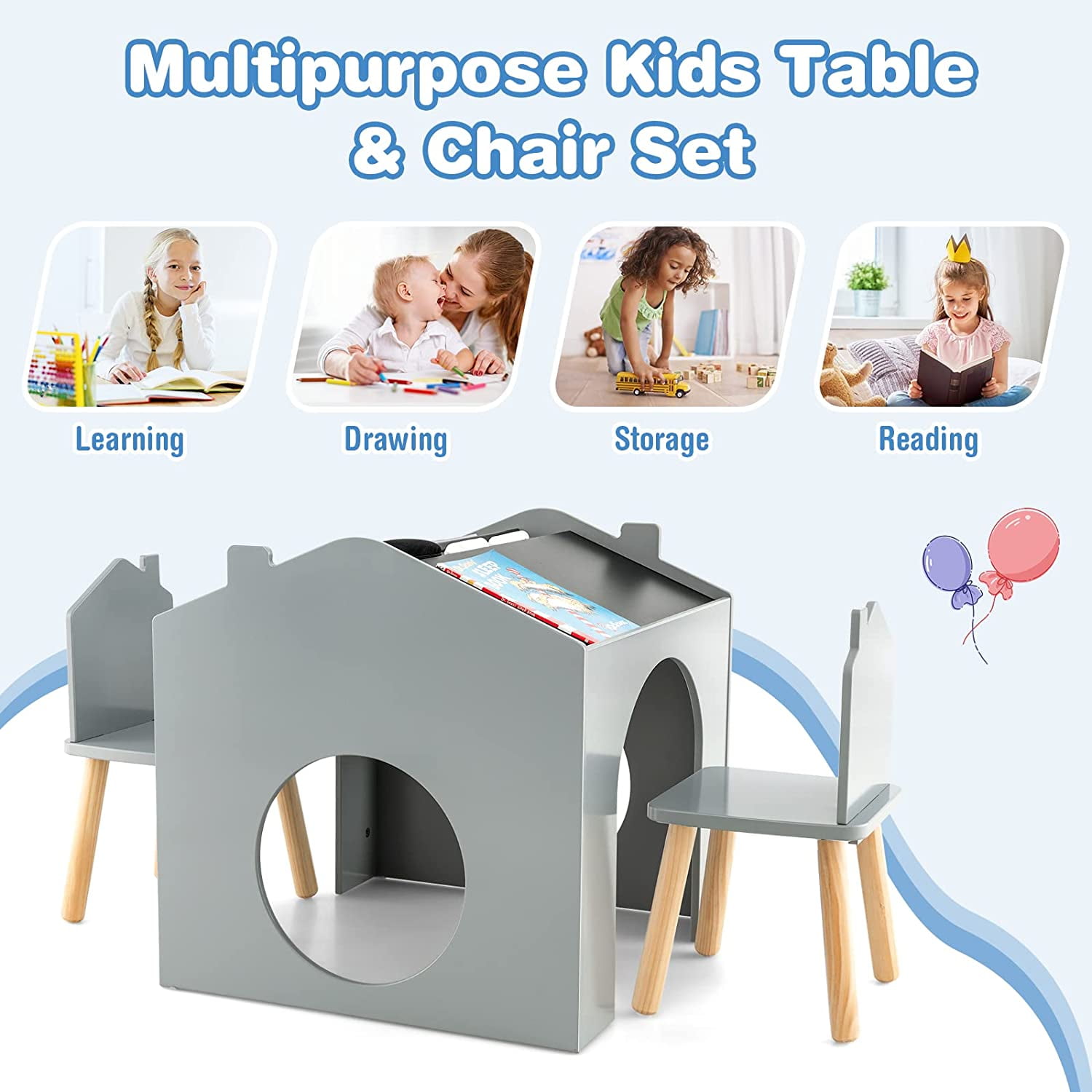 OLAKIDS Kids Table and Chair Set, Sturdy Wood Multi Activity Table with Blackboard for Playing Drawing Reading Arts Crafts, 3 Piece Children Furniture for Playroom Home School Classroom