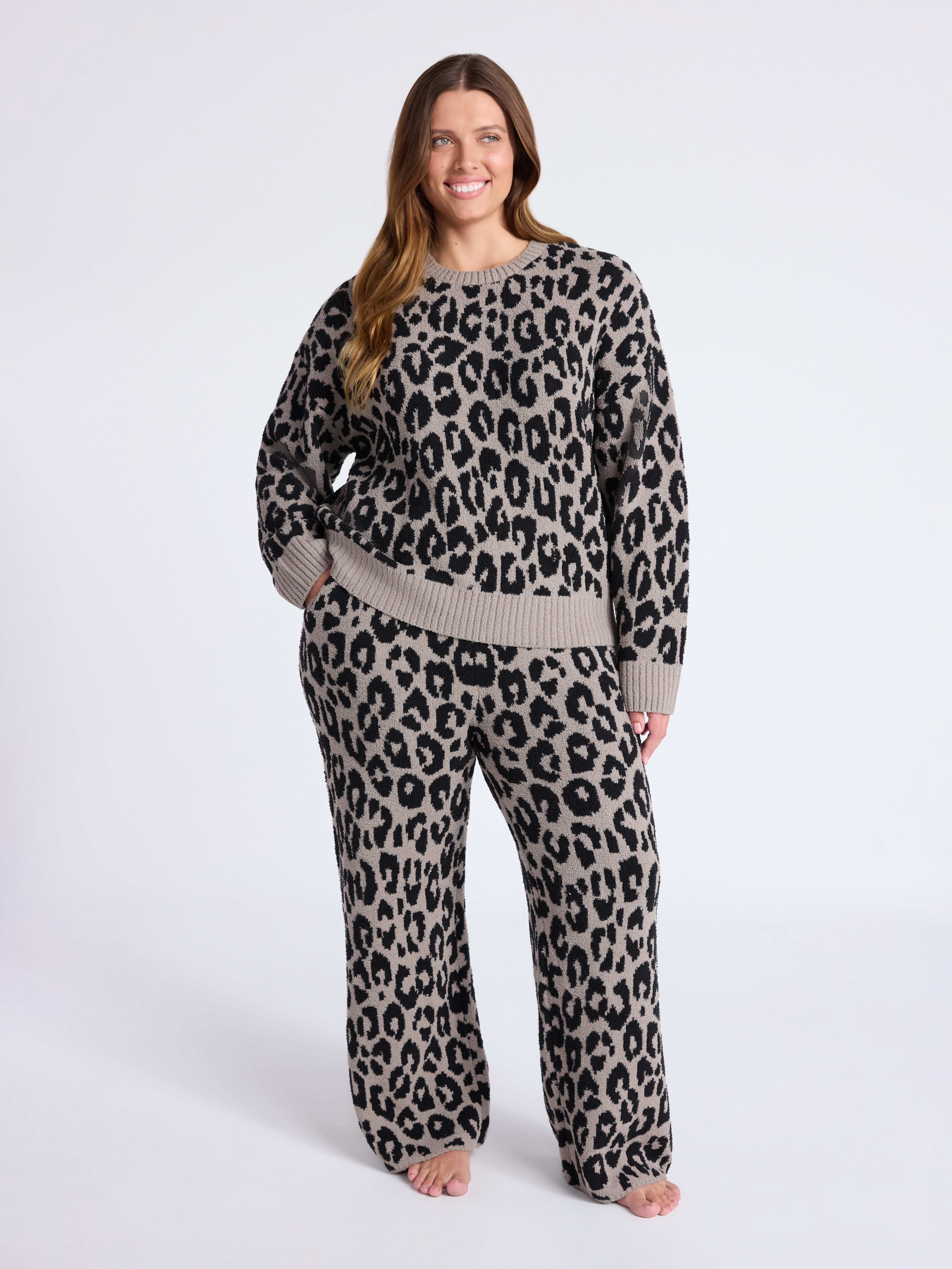 Joyspun Women's Cozy Ribbed Crewneck Top and Wide-Leg Pants Set, 2-Piece, Sizes XS-3X