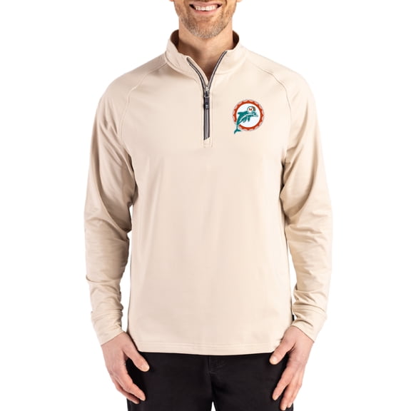Men's Cutter & Buck Tan Miami Dolphins Throwback Logo Adapt Eco Knit Stretch Recycled Quarter-Zip Pullover