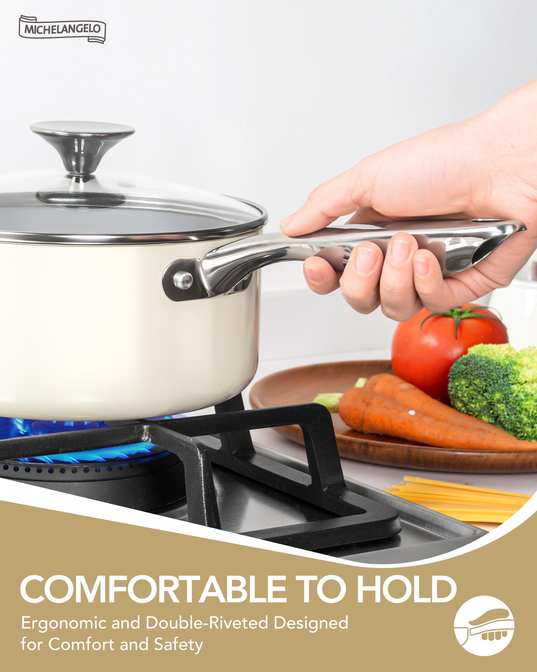 MICHELANGELO Pots and Pans Set Non Stick - Ceramic Cookware Set, 8-Pcs Nonstick Pots and Pans with Ergonomic Handle, Dishwasher Safe & Induction Compatible, Cream