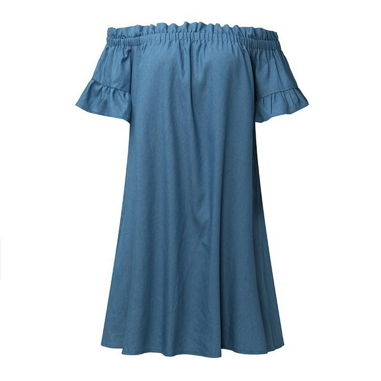 Denim Dresses for Women Plus Size Elastic Off Shoulder Short Sleeve Midi Dress  Hide Belly Pullover Summer Dress 