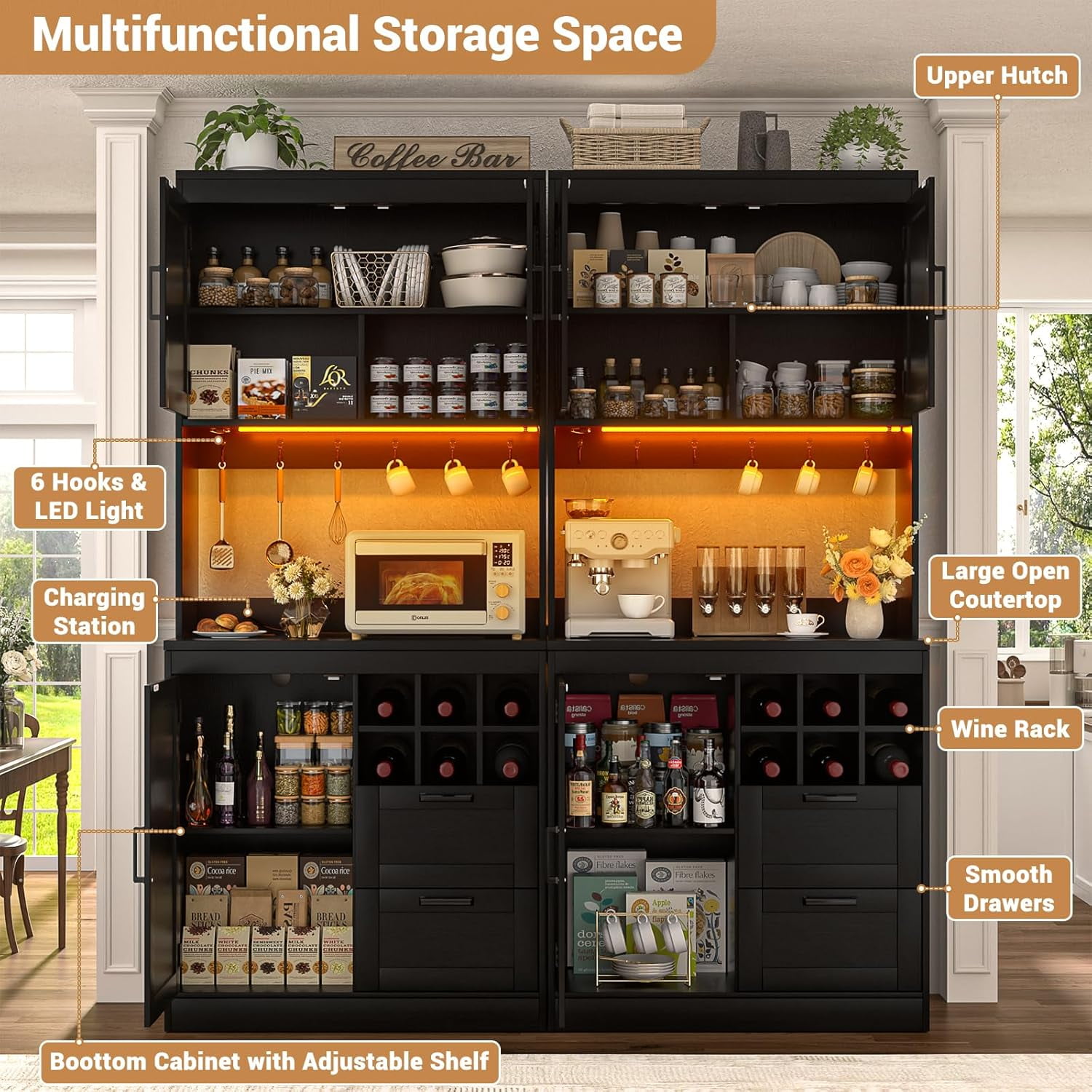 Homieasy 72'' Tall Pantry Cabinet with Outlet & LED Light, 63'' Wide Kitchen Hutch Bar with Microwave Stand, Drawers, Wine Rack & Shelves, Cupboard for Dining Room, Dark Black