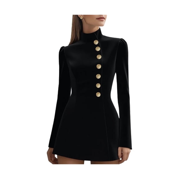 Quixlent Stand Collar Work Dress for Women Long Sleeve Single-Breasted Suit Dress Formal Church Office Sheath Dress