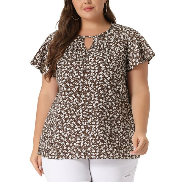 GRACE & GRANDEUR Camisa de Chiffon Floral de Manga Corta con Escote en Llave para Mujeres Talla Grande 2X Marrón