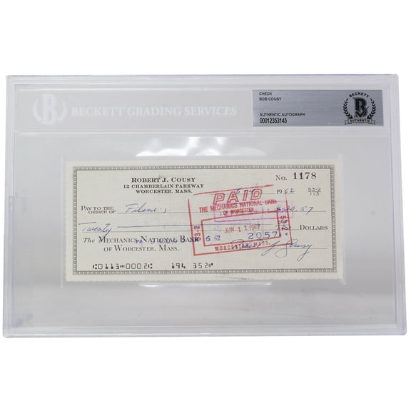Bob Cousy Signed Boston Celtics Personal Bank Check #1178 BGS