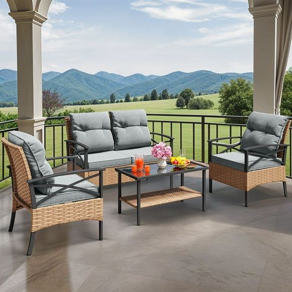 Wooflex 4-Piece Outdoor Indoor Rattan Sofa & Table Patio Furniture Set, All-Weather Bistro Set Wicker Conversation Loveseat & Armchairs with Soft Cushions, Light Brown & Gray