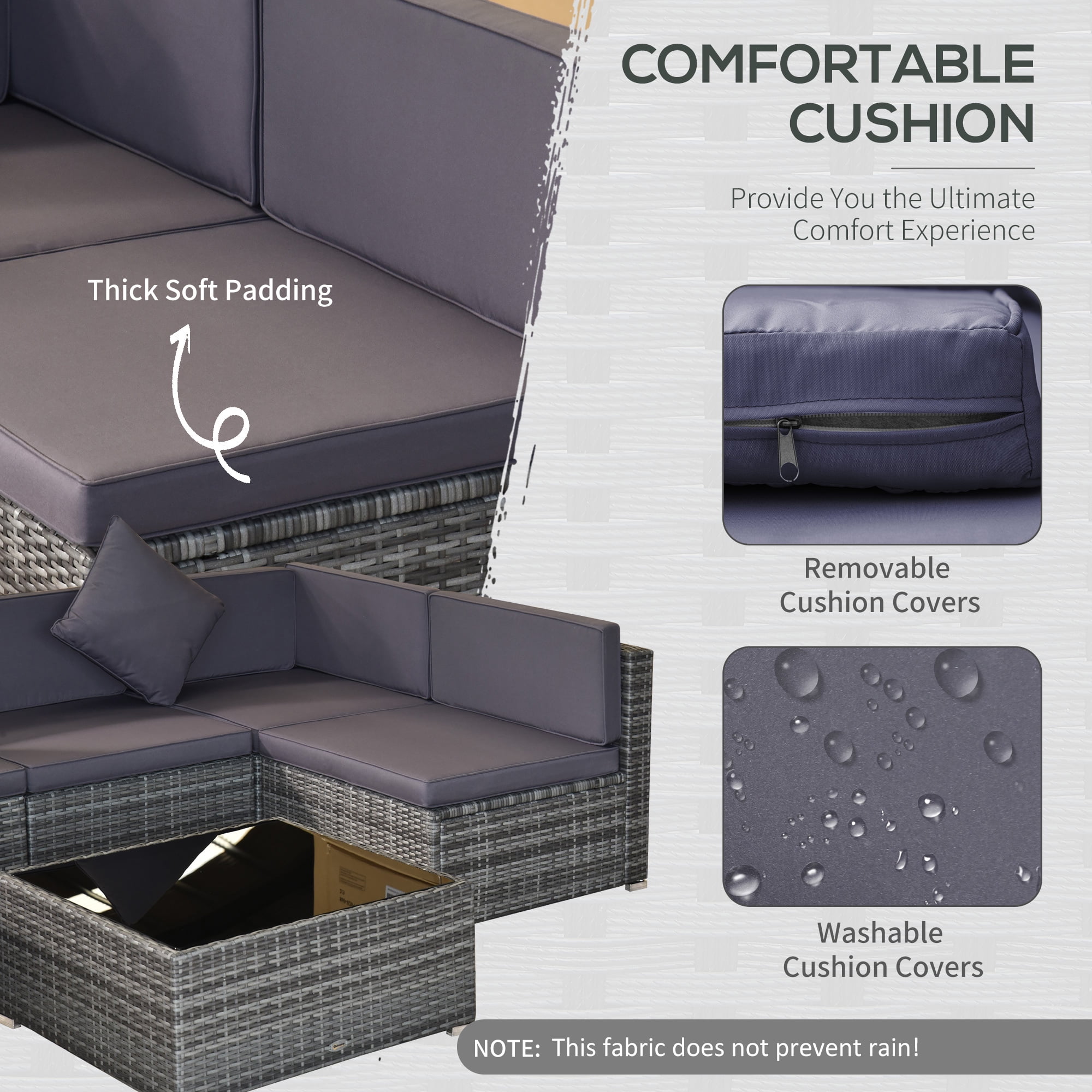 Outsunny 7 Piece Outdoor Patio Furniture Set, PE Rattan Wicker Sectional Sofa Set with Couch Cushions, Pillows, Black Coffee Table, Double Gray