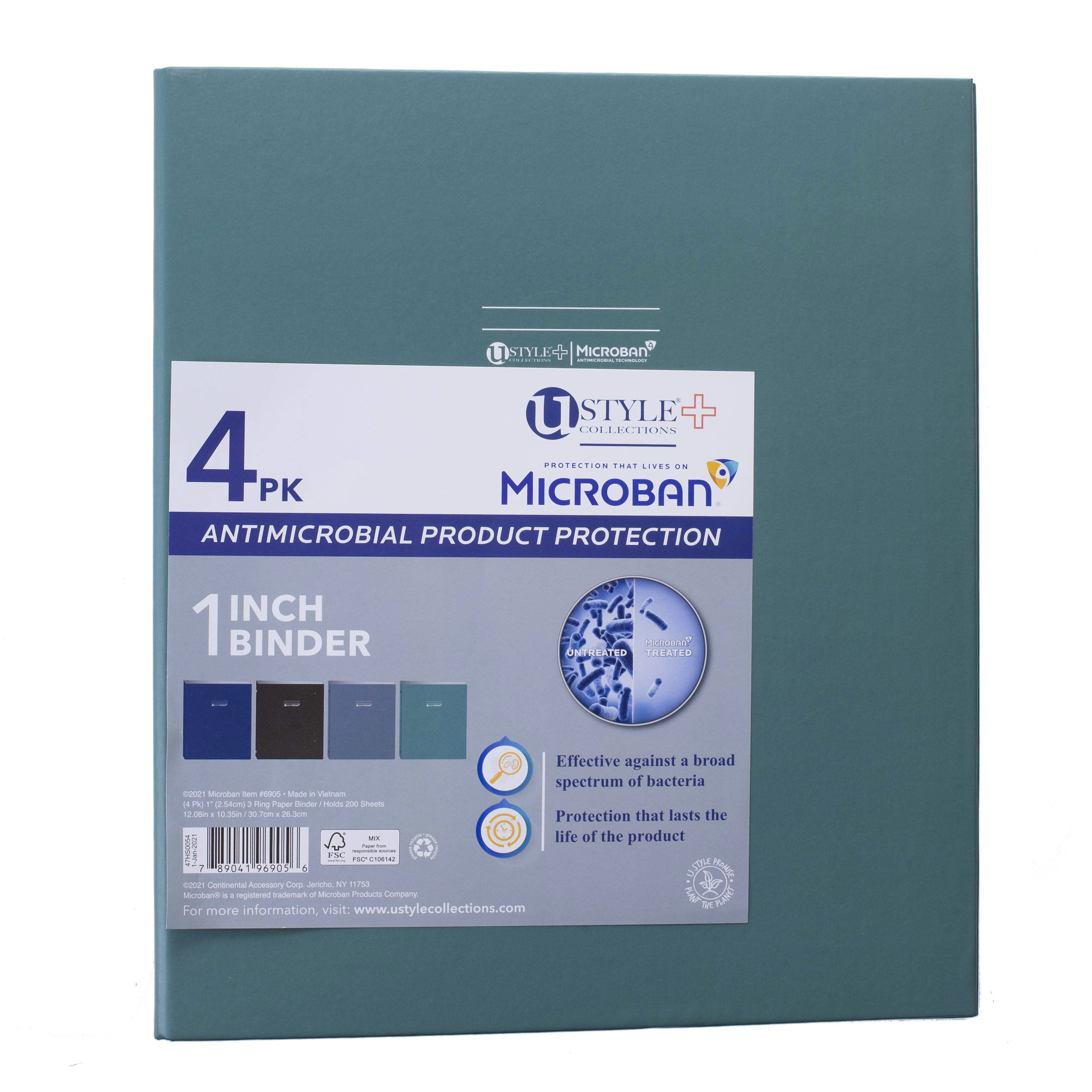 U Style Antimicrobial 3 Ring Binder with Microban, 1 inch, Assorted, 4 Pk