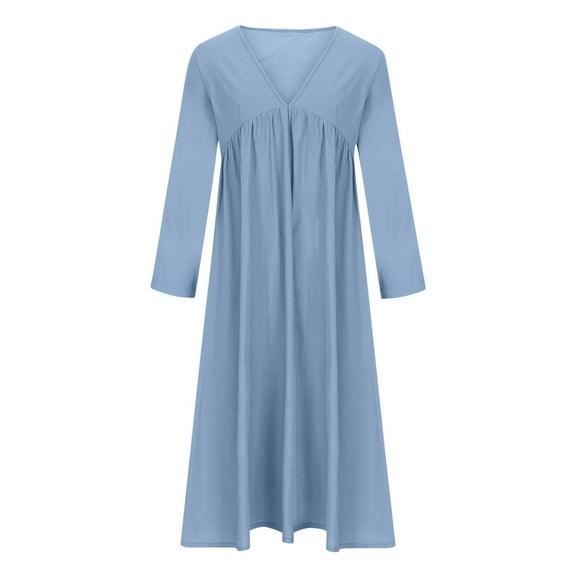 Fall Spring Women Dress Deep V Neck Pleated A-line Solid Color Mid-calf Length Patchwork Long Sleeves Big Hem Dating Commuting Midi Dress