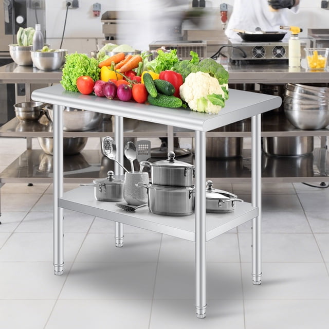 Table de Travail de Cuisine Extérieure en Acier Inoxydable Robuste – Tablette Inférieure Réglable, Dosseret, Roulettes, Rangement de Préparation de BBQ Commercial – Taille : 24x60 Pouces