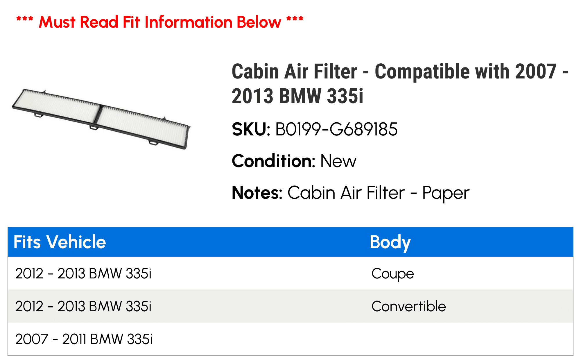 Cabin Air Filter - Compatible with 2007 - 2013 BMW 335i 2008 2009 2010 2011 2012