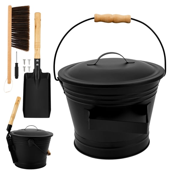 Ikoopy 1.5 Gallon Ash Bucket with Lid Metal Ash Bucket with Shovel and Broom Metal Finish for Fireplace Fire Pit Grill