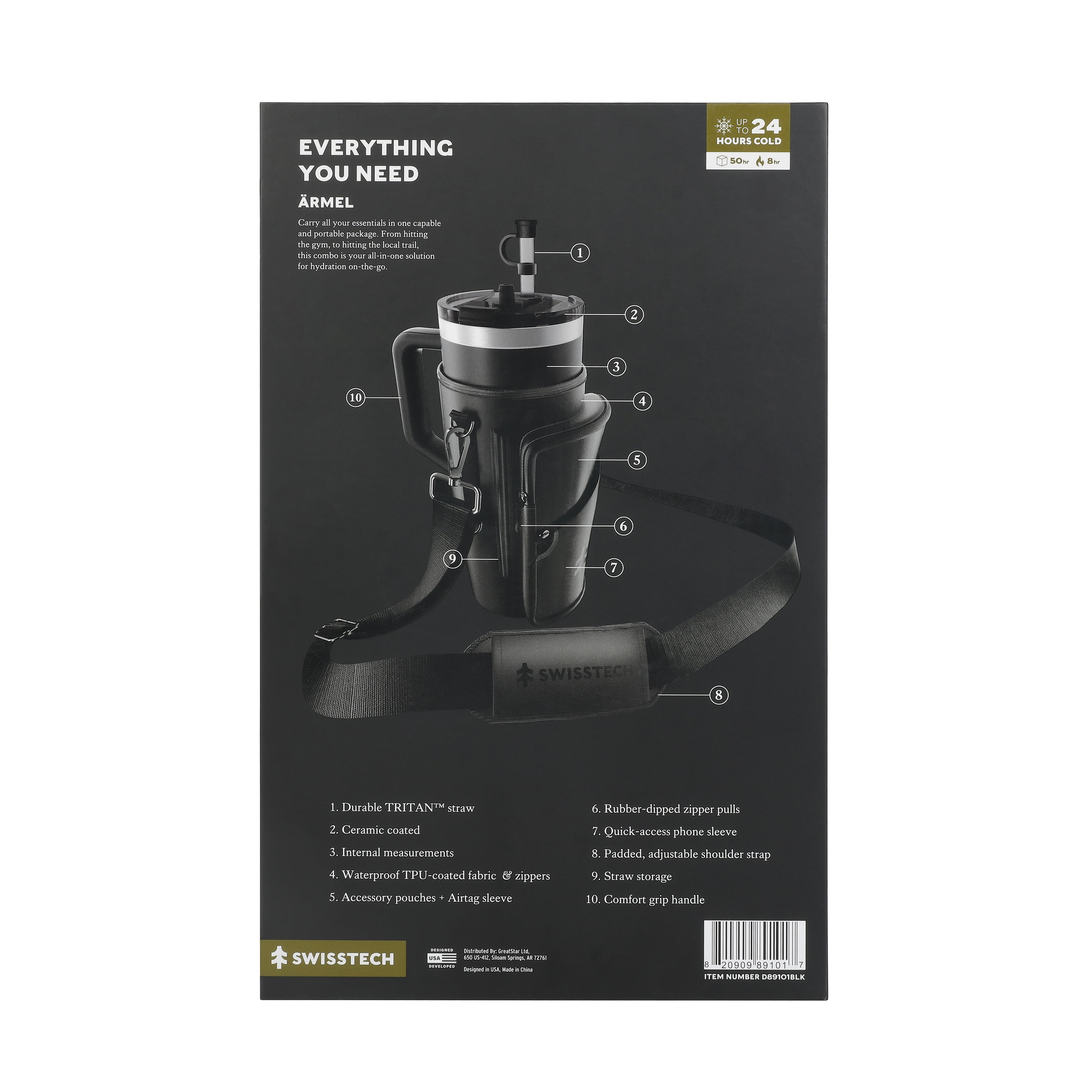 Swiss Tech Insulated Triple Walled Ceramic Coated, 40 oz Black Travel Tumbler, Black Carrier Bag